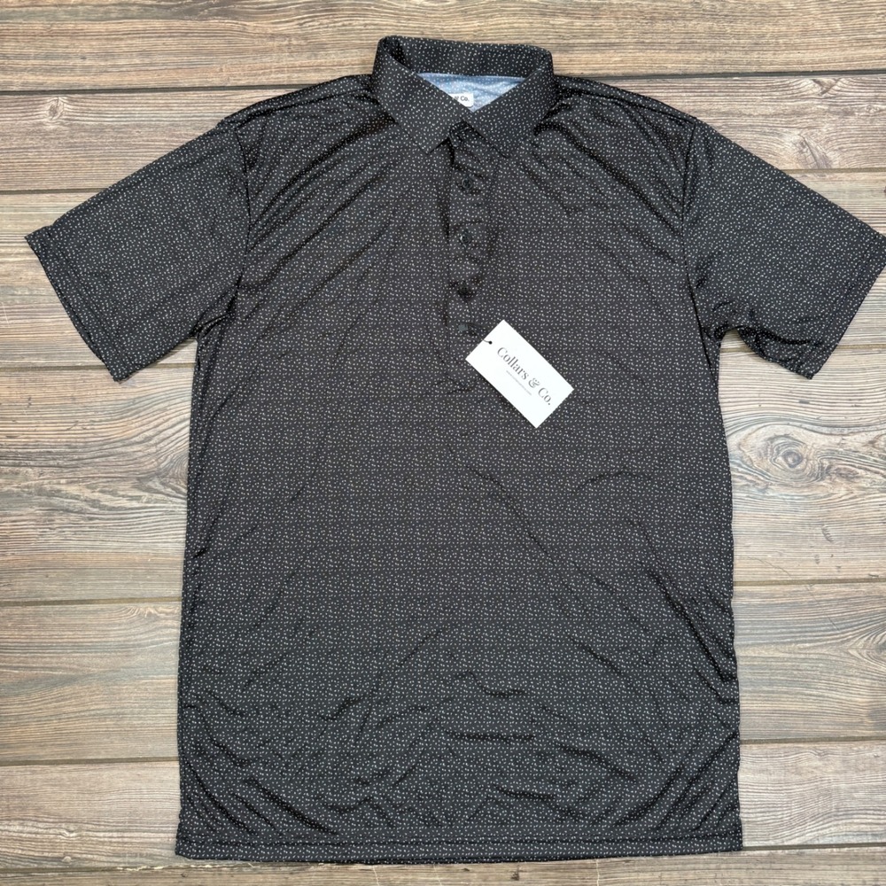 Collars & Co. Mens Dress Collar Polo Large Black White Geometric Micro Print NEW - Picture 2 of 7